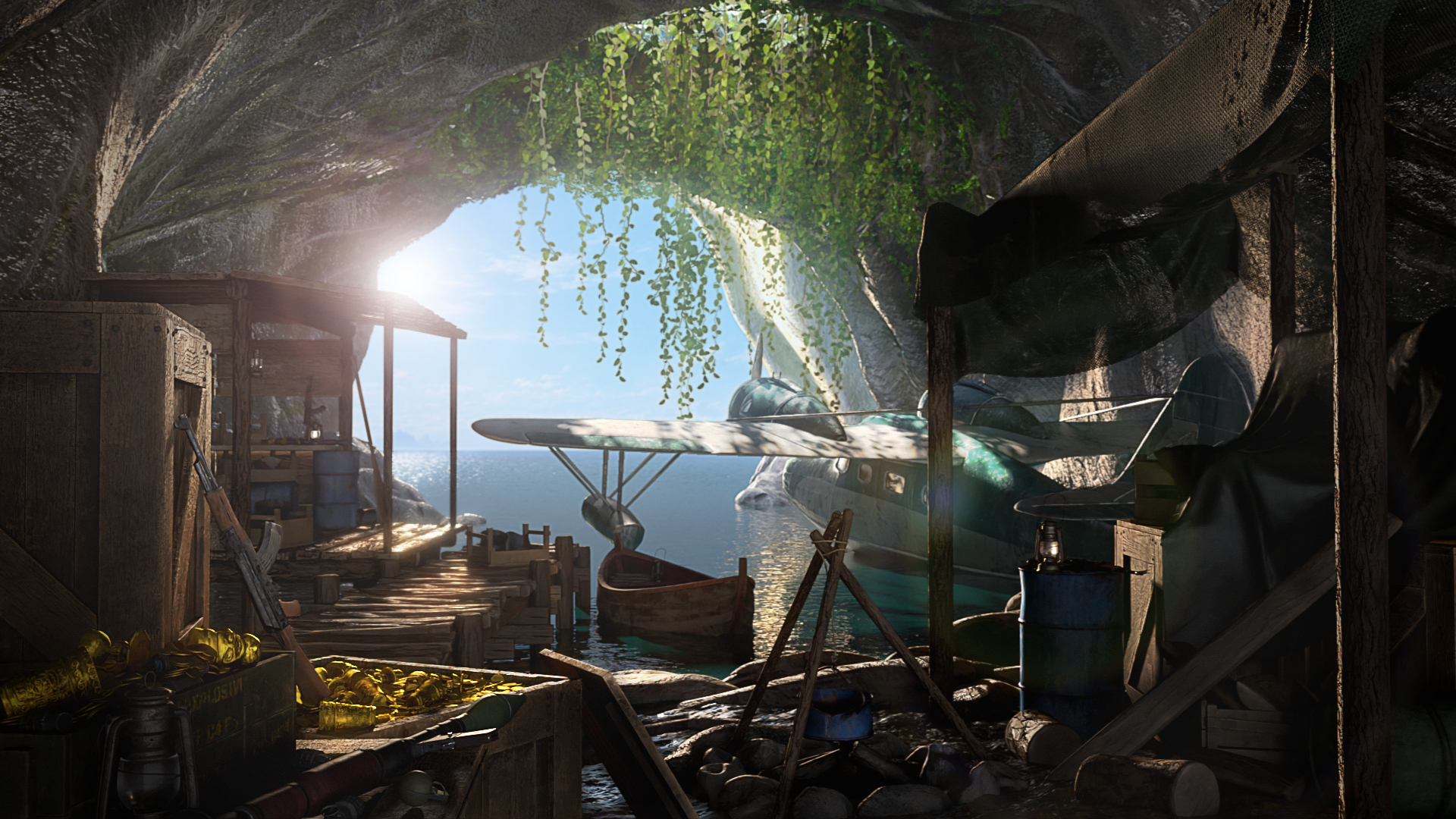 L’Antre — daylight illuminates a seaplane and a wooden dock inside a coastal cave